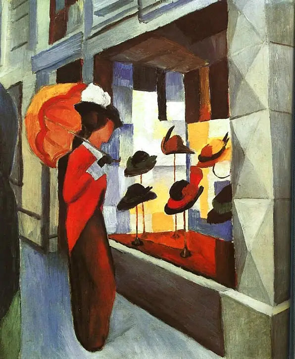 Kvinne med parasoll foran hattemakerens butikk - August Macke
