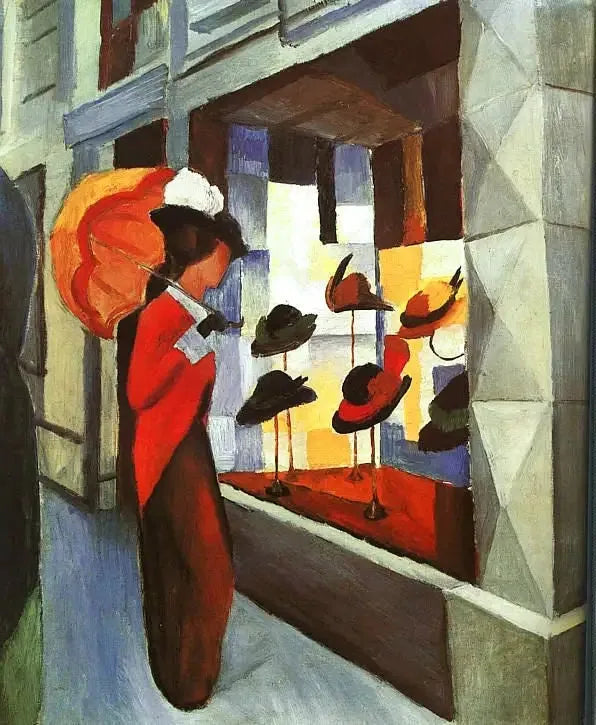 Kvinne med parasoll foran hattemakerens butikk - August Macke