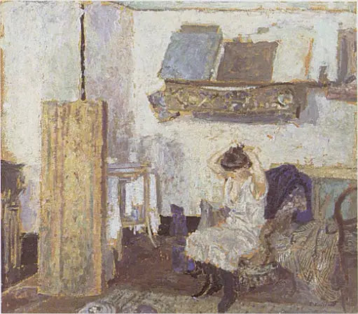 Modell sittende i en lenestol, børster håret - Édouard Vuillard
