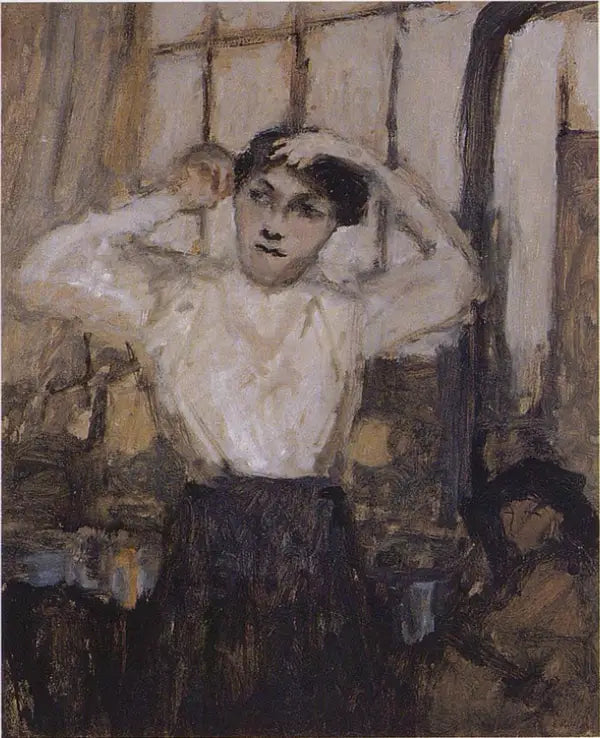 Modell som ordner håret i verkstedet - Édouard Vuillard