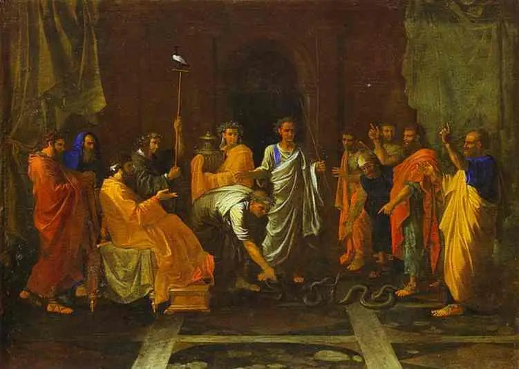 Moses som forvandler Aars stang til en slange - Nicolas Poussin