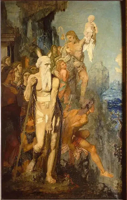 Moses, i synet av det lovede land, tar av seg sandalene - Gustave Moreau