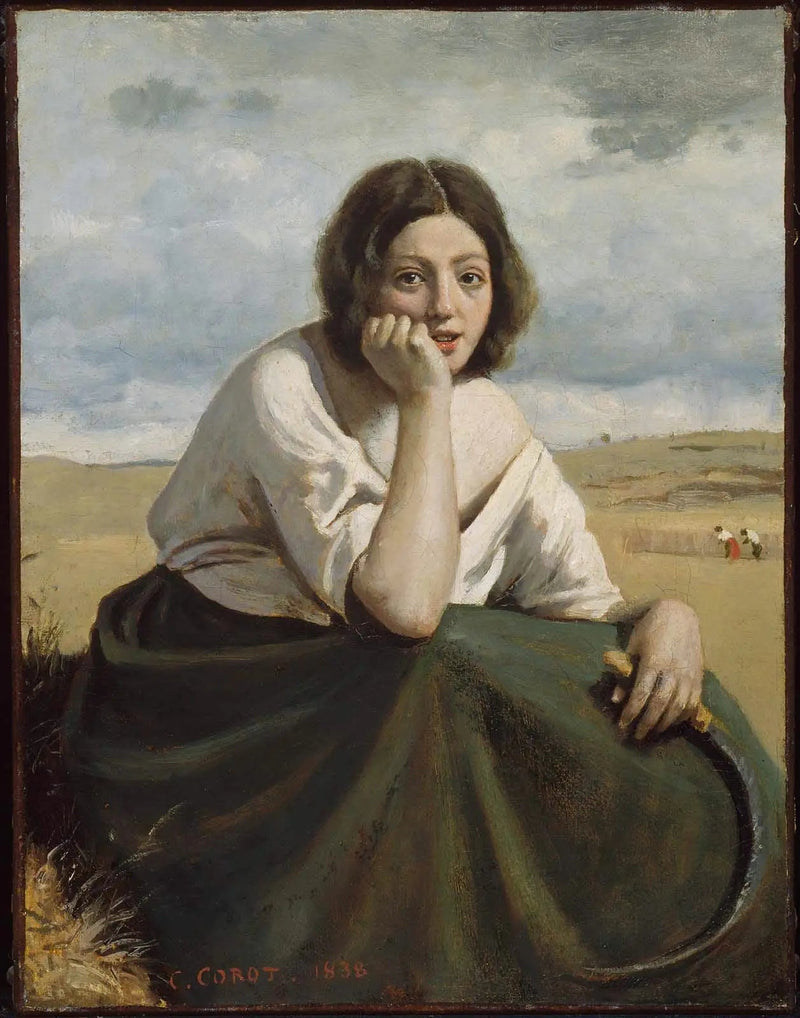 Moissonneuse som holder sin sigd, hodet støttet på hånden - Jean-Baptiste Camille Corot