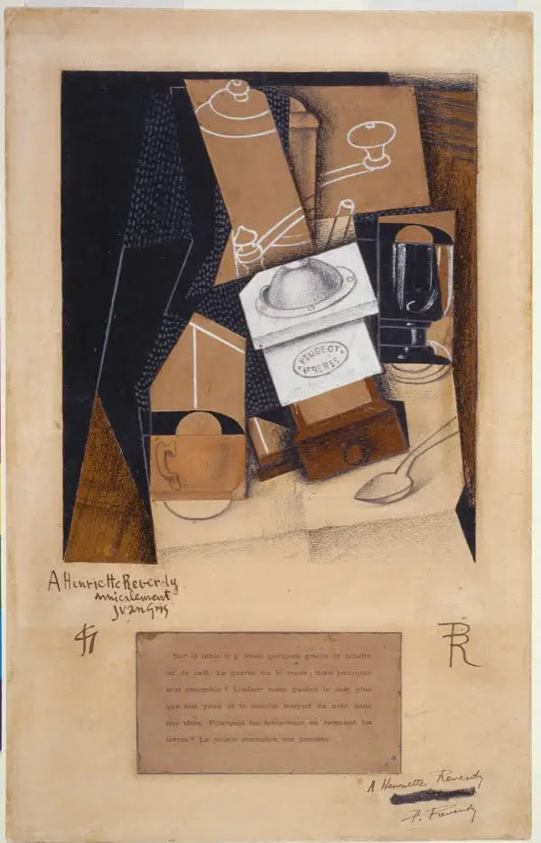 Kaffekvern, kopp og glass på et bord - Juan Gris