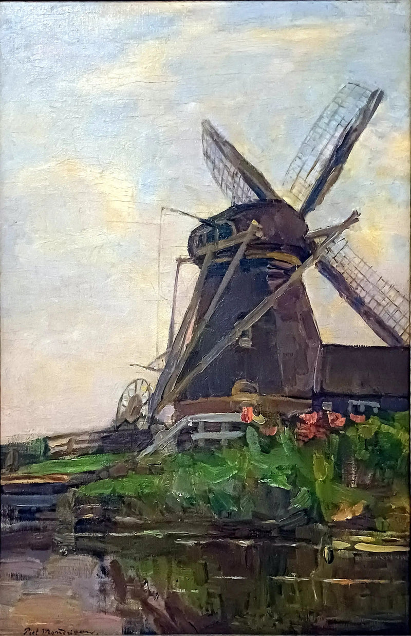 Oostzijdse-mølle, vertikal oljemaleri-skisse med blå himmel - Piet Mondrian