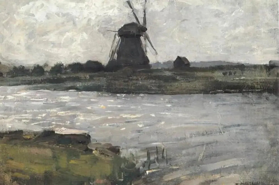 Oostzijdse mølle sett fra kaien ved Landzicht gård - Piet Mondrian