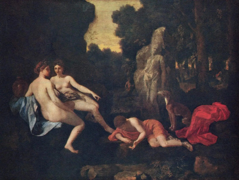 Narciss med to nymfer og Eko - Nicolas Poussin