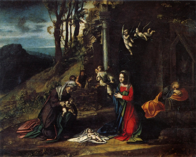 Julefødselsberetning med hellige Elisabeth og hellige Johannes - Antonio da Correggio