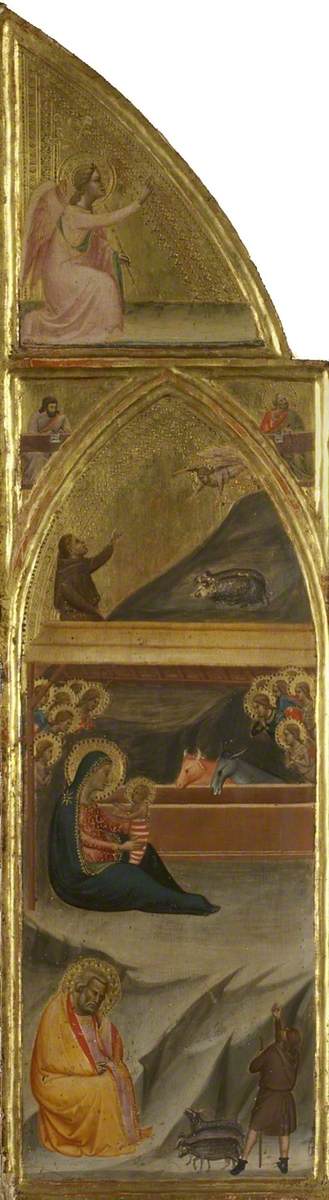 Julefødt, og to evangelister, og Annonseringsengelen (triptyk, venstre panel) (forside) - Bernardo Daddi