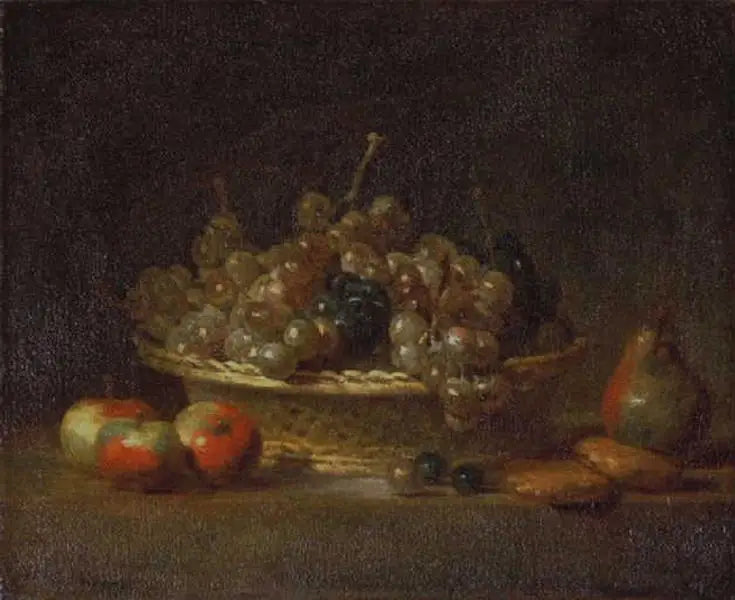 Dødsstillhet med en kurv med rosiner, tre epler, en pære og to marsipan - Jean Siméon Chardin