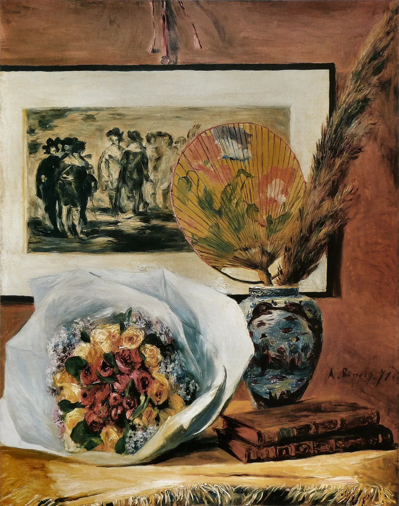 Stilleben med bukett og vifte - Pierre-Auguste Renoir