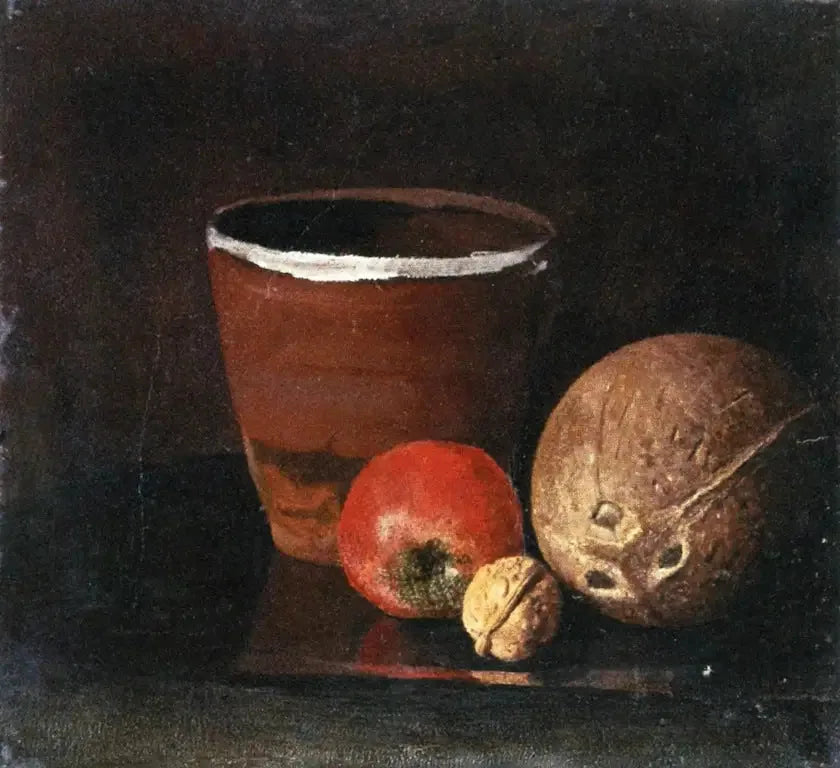 Stilleben med krukke, eple, valnøtt og kokosnøtt - Edvard Munch