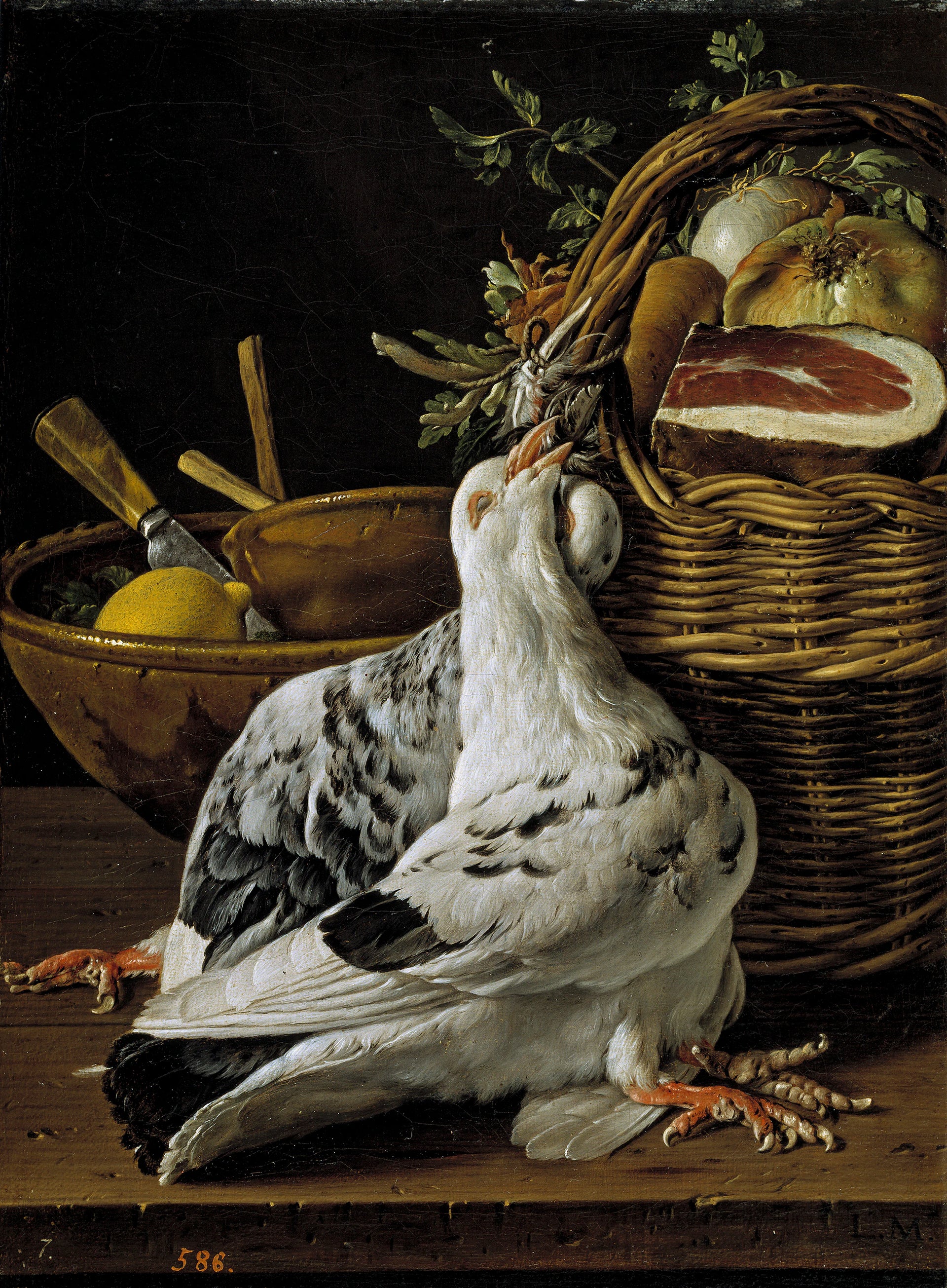 Nature morte aux pigeons, panier de nourriture et bols - Luis Eugenio Meléndez