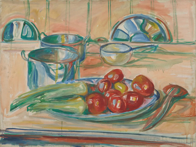Stilleben med tomater, purre og kasseroller - Edvard Munch
