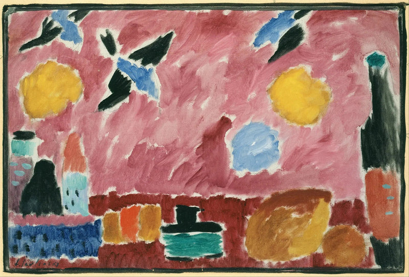 Stilleben med flaske, brød og rødt tapet med svaler - Alexej von Jawlensky

Source:
Nature morte avec bouteille, pain et papier peint rouge avec hirondelles - Alexej von Jawlensky
