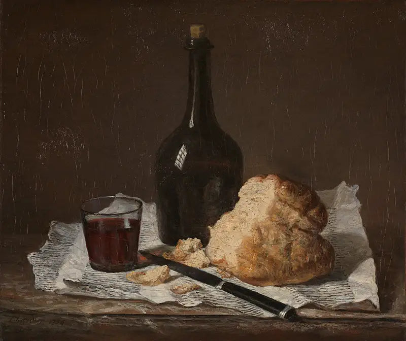 Dødsstilleben med flaske, glass og brød - Jean Siméon Chardin