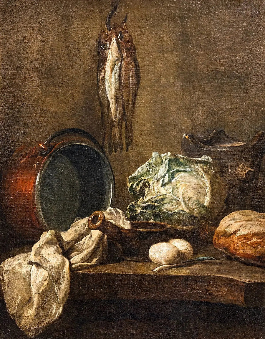 Dødninghode med kjele, liten gryte, ovn, kjøkkenhåndkle, kål, to egg, purre, brød og tre sild - Jean Siméon Chardin