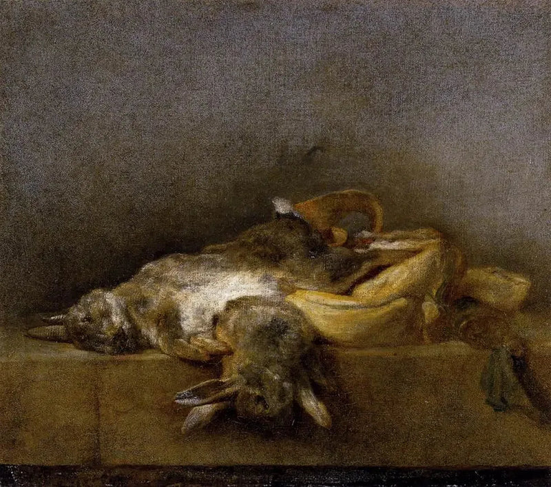 Dødt natur med to kaniner, en jaktveske og en pulverpære - Jean Siméon Chardin