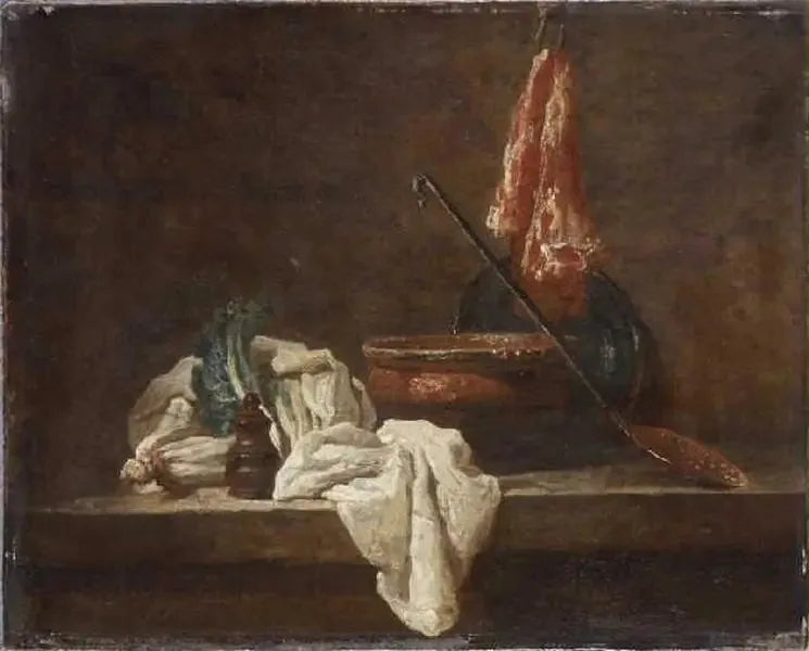 Dødsstillhet med to selleristilker, krydderboks, kjøkkenhåndkle, terrin, fat, skumskje og kjøttstykke - Jean Siméon Chardin