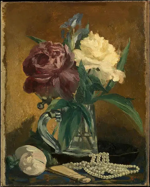 Stilleben med blomster, vifte og perler - Édouard Manet