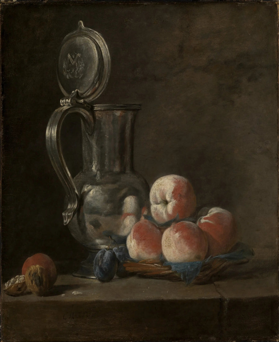 Dødsstillhet med blikkskål og fersken - Jean Siméon Chardin