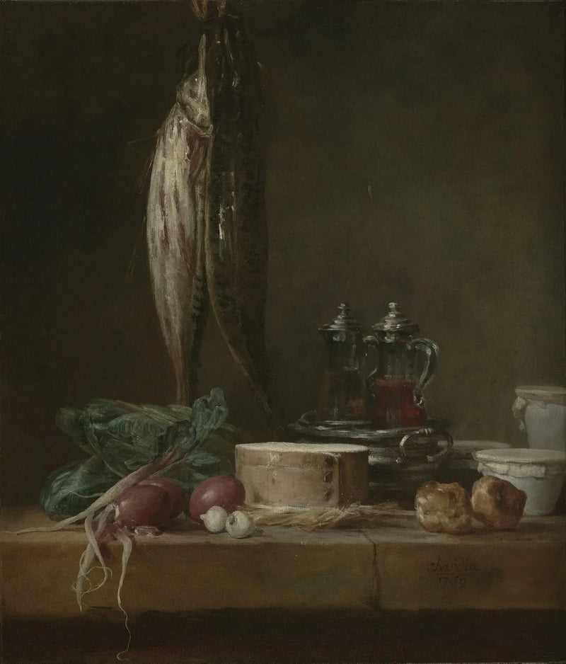 Dødsstillhet med fisk, grønnsaker, gougères, krukker og buretter på et bord - Jean Siméon Chardin
