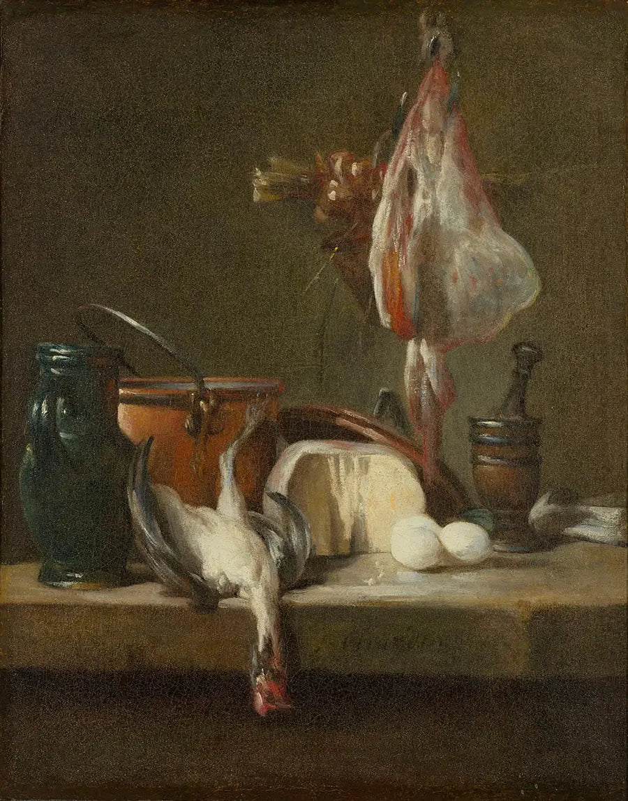 Dødsstillhet med hai og kurv med løk - Jean Siméon Chardin