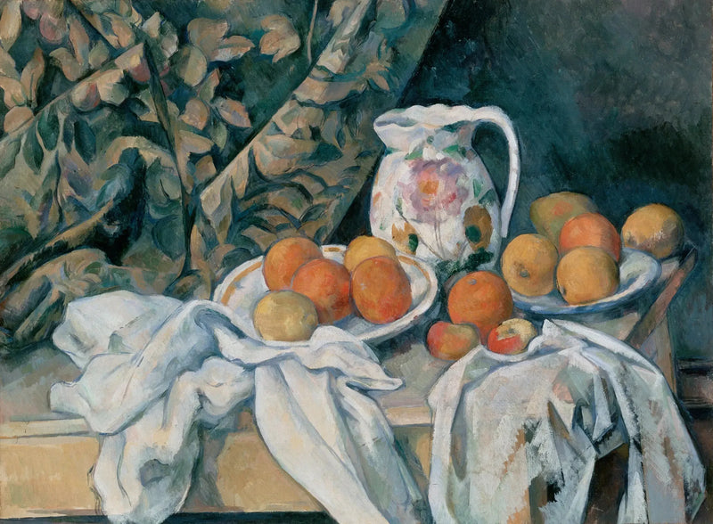 Stilleben med gardin og blomsterkrus - Paul Cézanne