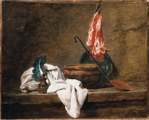 Dødt naturmotiv med et kjøkkenhåndkle, en kjele, en tallerken, en skumskje og kjøtt på en krok - Jean Siméon Chardin