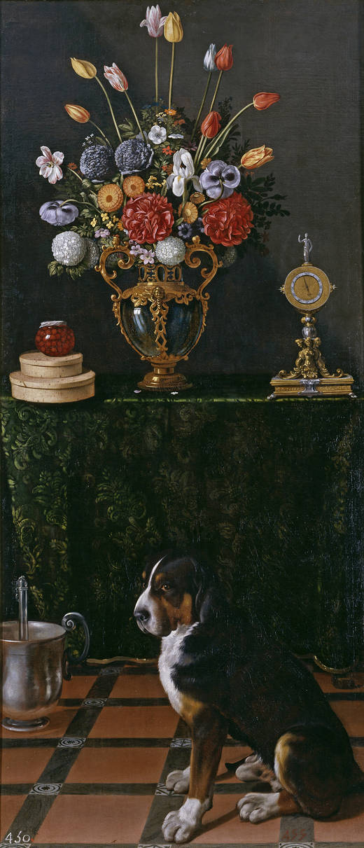Nature morte avec un vase de fleurs et un chien - Juan van der Hamen image 1 reproduction de peinture à l’huile