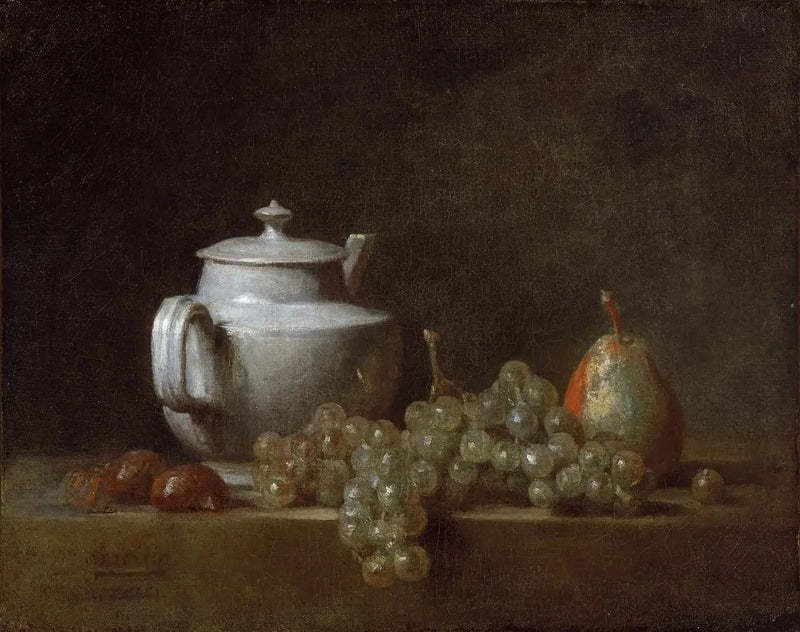 Dødt liv med en tekjele, druer, kastanjer og et pære - Jean Siméon Chardin