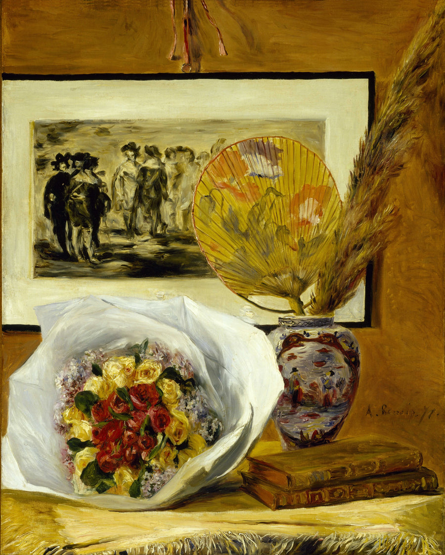 Stilleben med bukett og vifte - Pierre-Auguste Renoir
