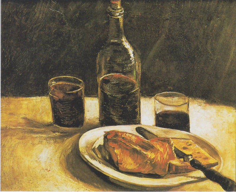 Stilleben med flaske, to glass, ost og brød - Vincent van Gogh