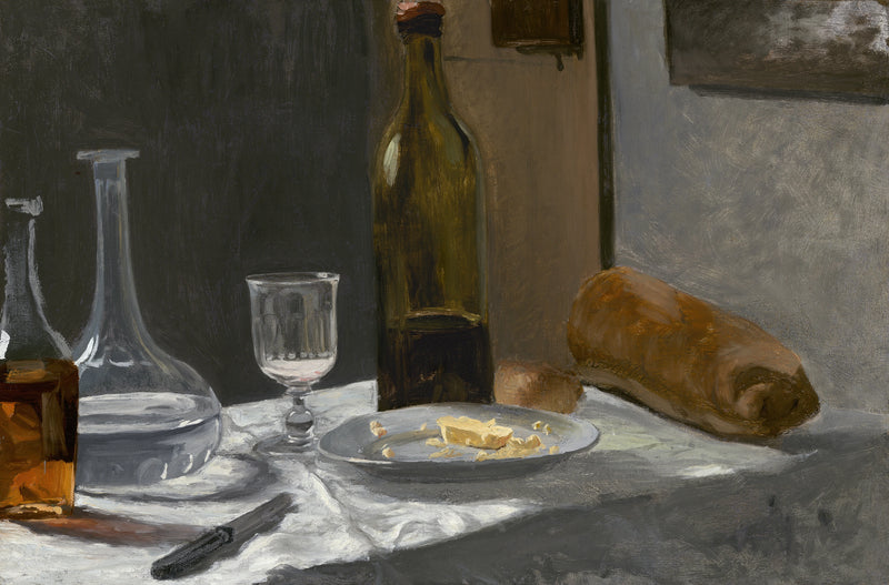 Stilleben med flaske, karaffel, brød og vin W13 - Claude Monet