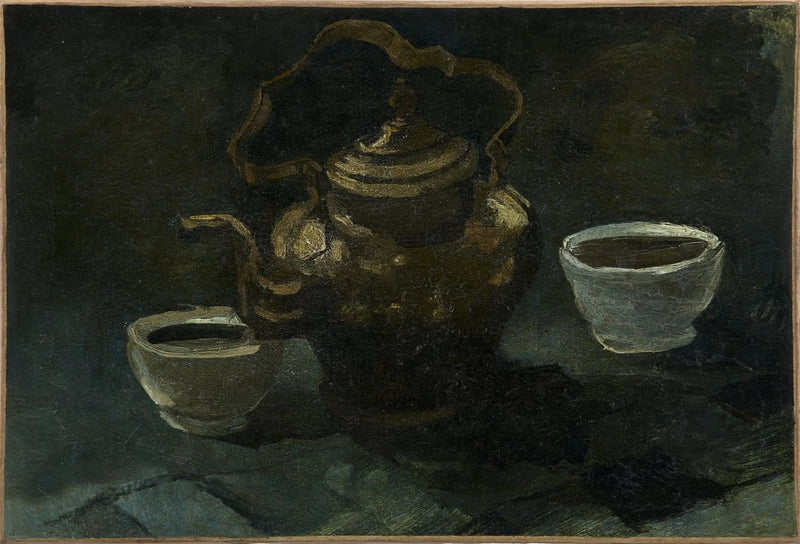 Stilleben, kobber kaffekanne og to hvite boller - Vincent van Gogh