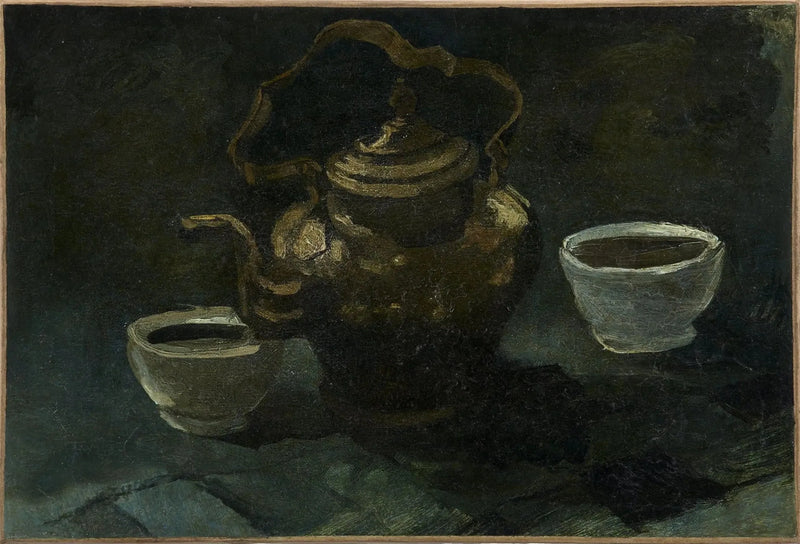 Stilleben, kobber kaffekanne og to hvite boller - Vincent van Gogh