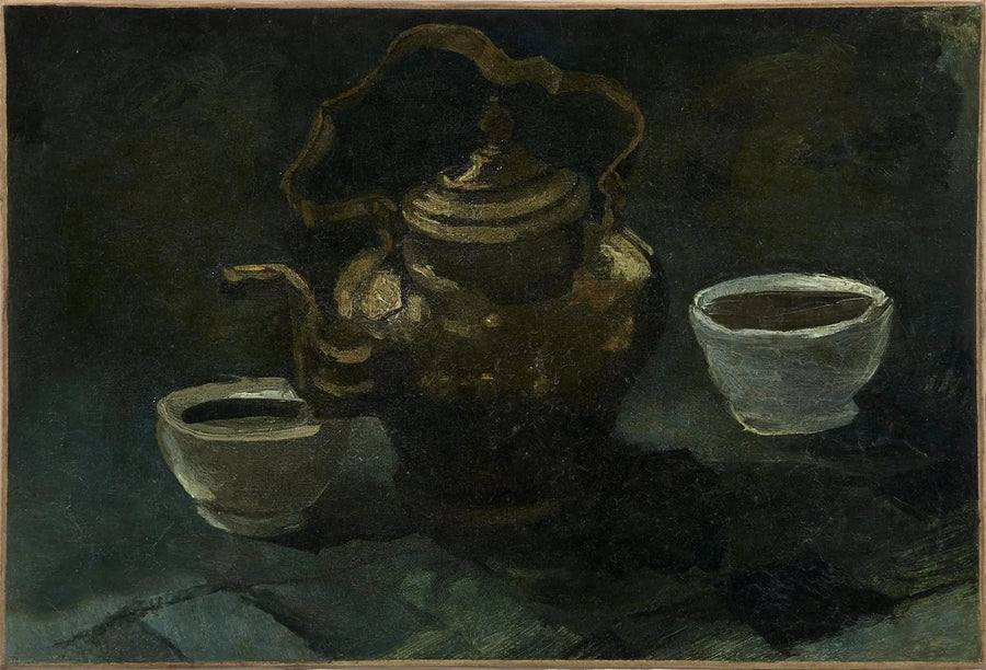 Stilleben, kobber kaffekanne og to hvite boller - Vincent van Gogh