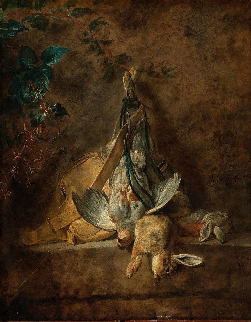 Dødt liv: to kaniner, en grå rype, en jaktveske og en pulverpære - Jean Siméon Chardin
