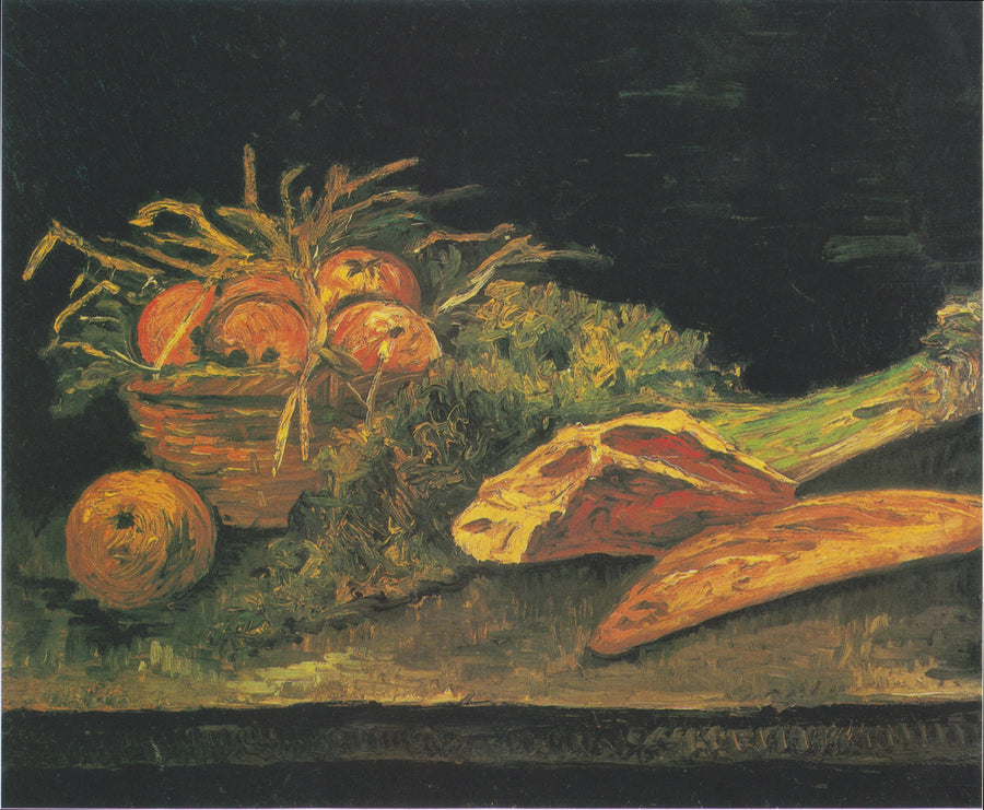 Stilleben med eplekurv, kjøtt og rundstykker - Vincent van Gogh