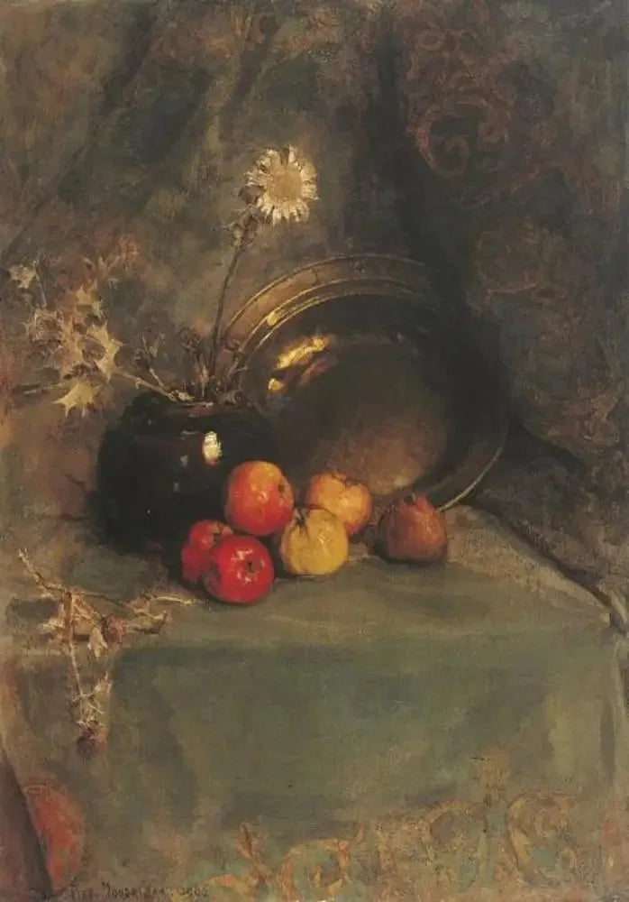 Stilleben: epler, blomsterkrukke og metallgryte - Piet Mondrian