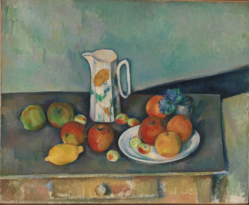 Stilleben, melkekanne og frukt på et bord - Paul Cézanne