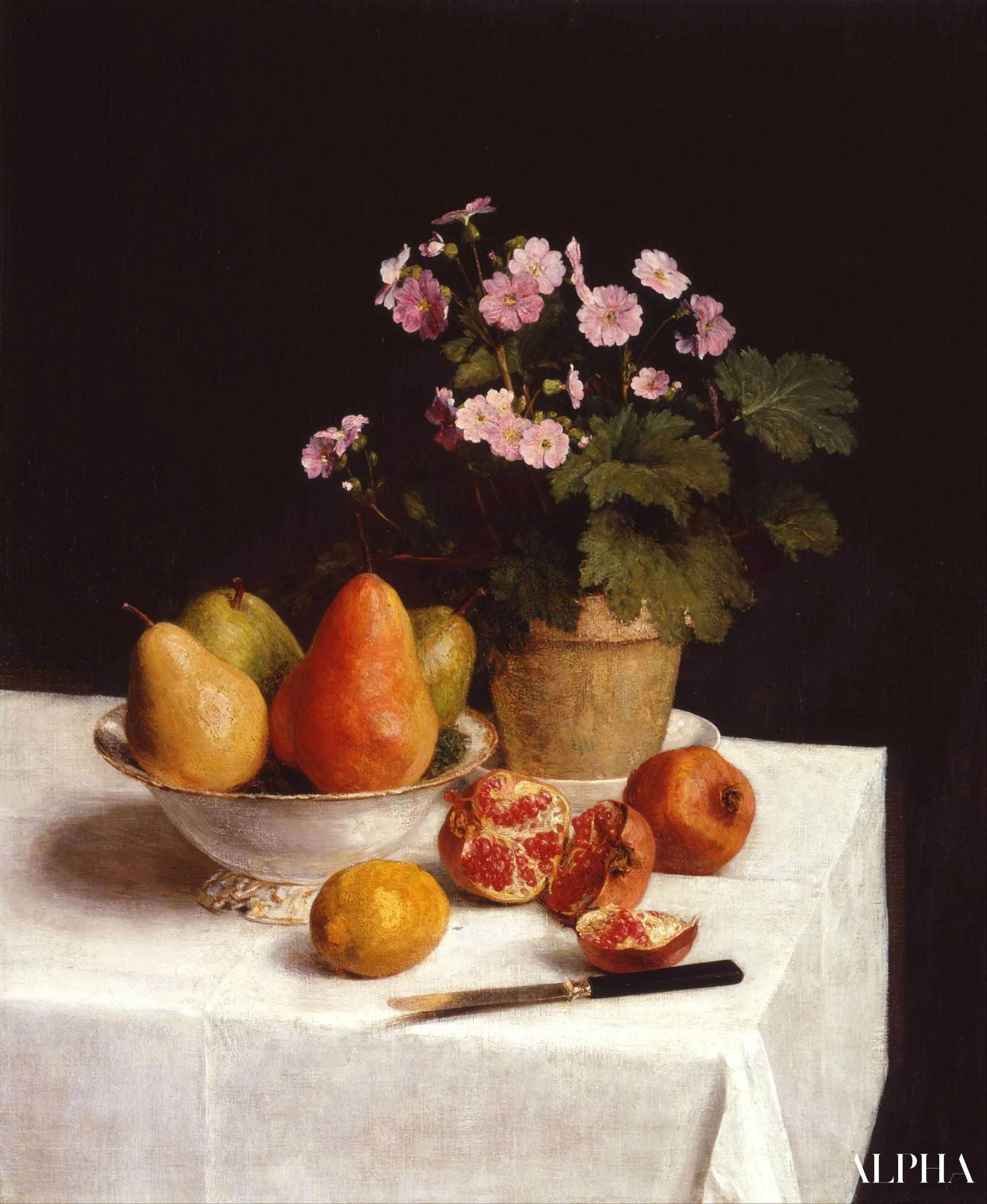Nature morte (primulaer, pærer og granatepler) - Henri Fantin-Latour - Høykvalitets reproduksjoner av malerier og bilder