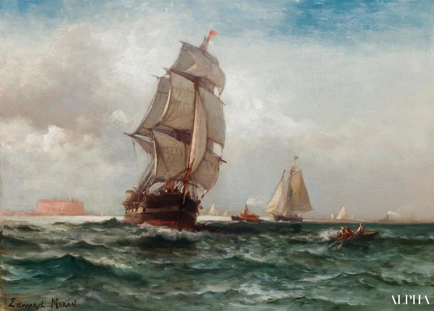 Navigasjon utenfor Governors Island, New York - Edward Moran - Høykvalitets reproduksjoner av malerier og bilder