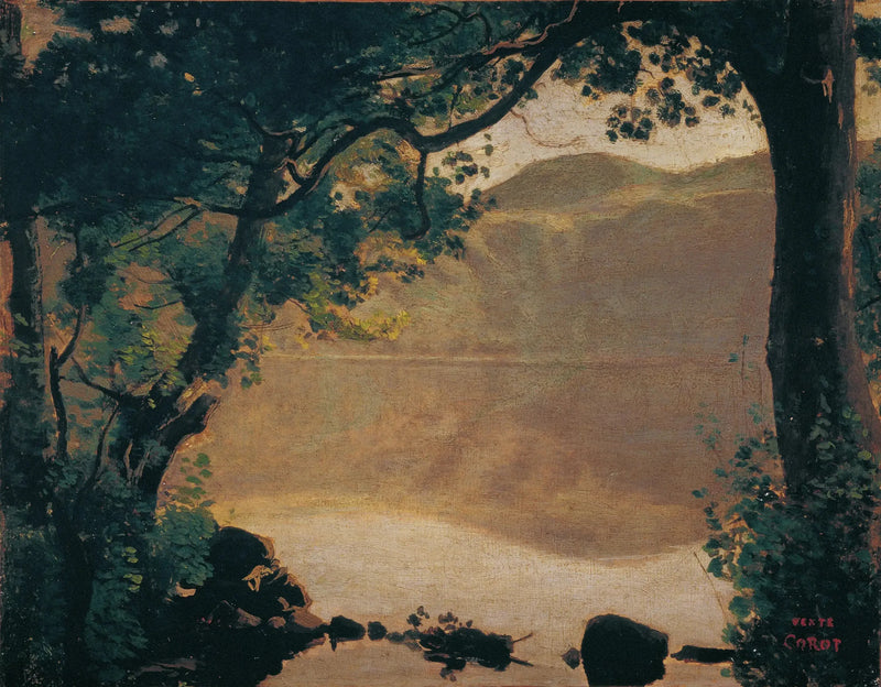Nemi, innsjøen sett gjennom trærne - Jean-Baptiste Camille Corot