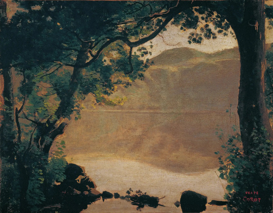 Nemi, innsjøen sett gjennom trærne - Jean-Baptiste Camille Corot