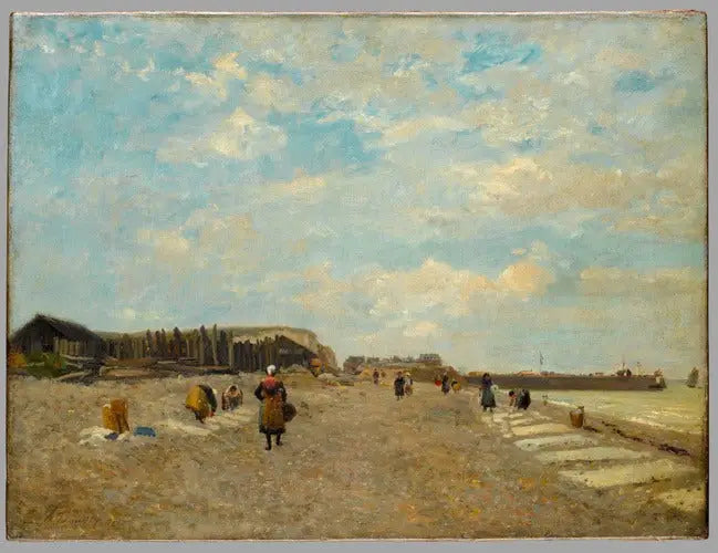 Normandere som henger opp klær på en strand - Eugène Boudin