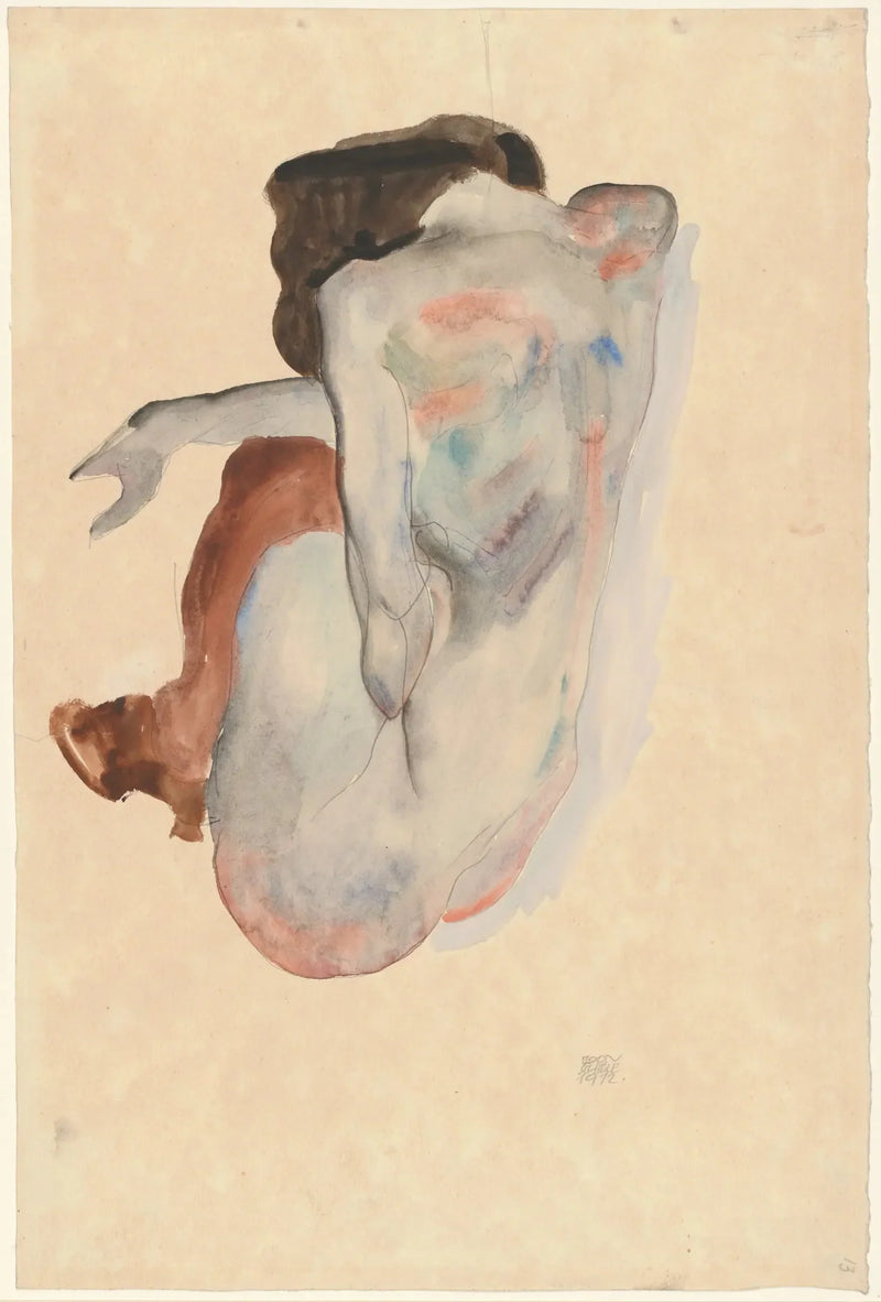 Nå kneeling i svarte sko og strømper, sett bakfra - Egon Schiele