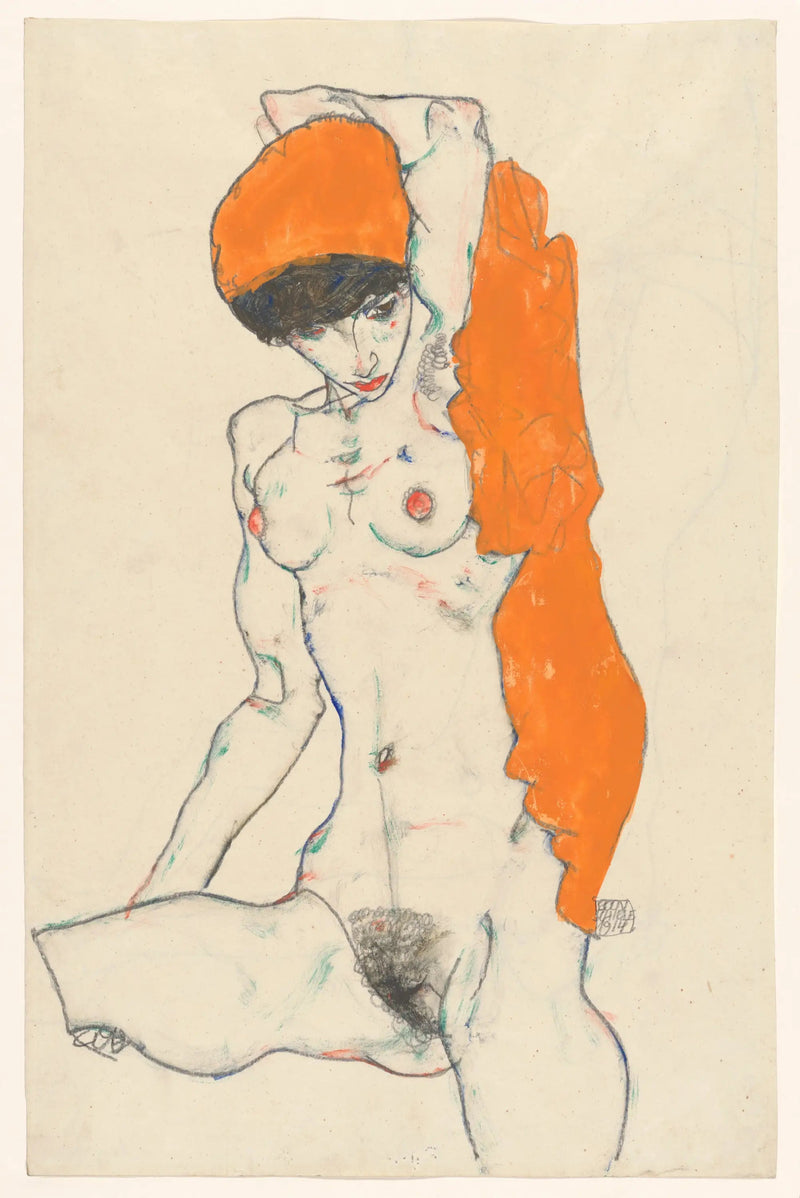 Nå stående med oransje drapering - Egon Schiele
