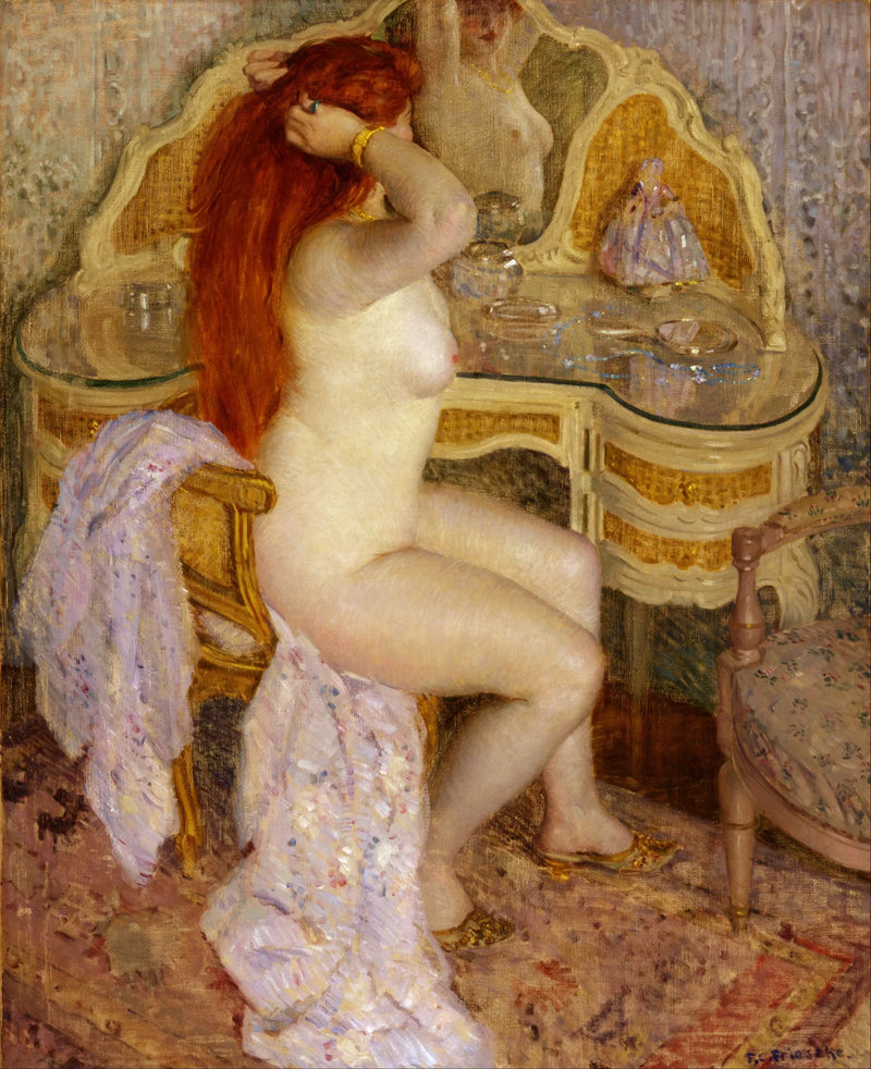 Nue sittende ved sitt sminkebord - Frederick Carl Frieseke