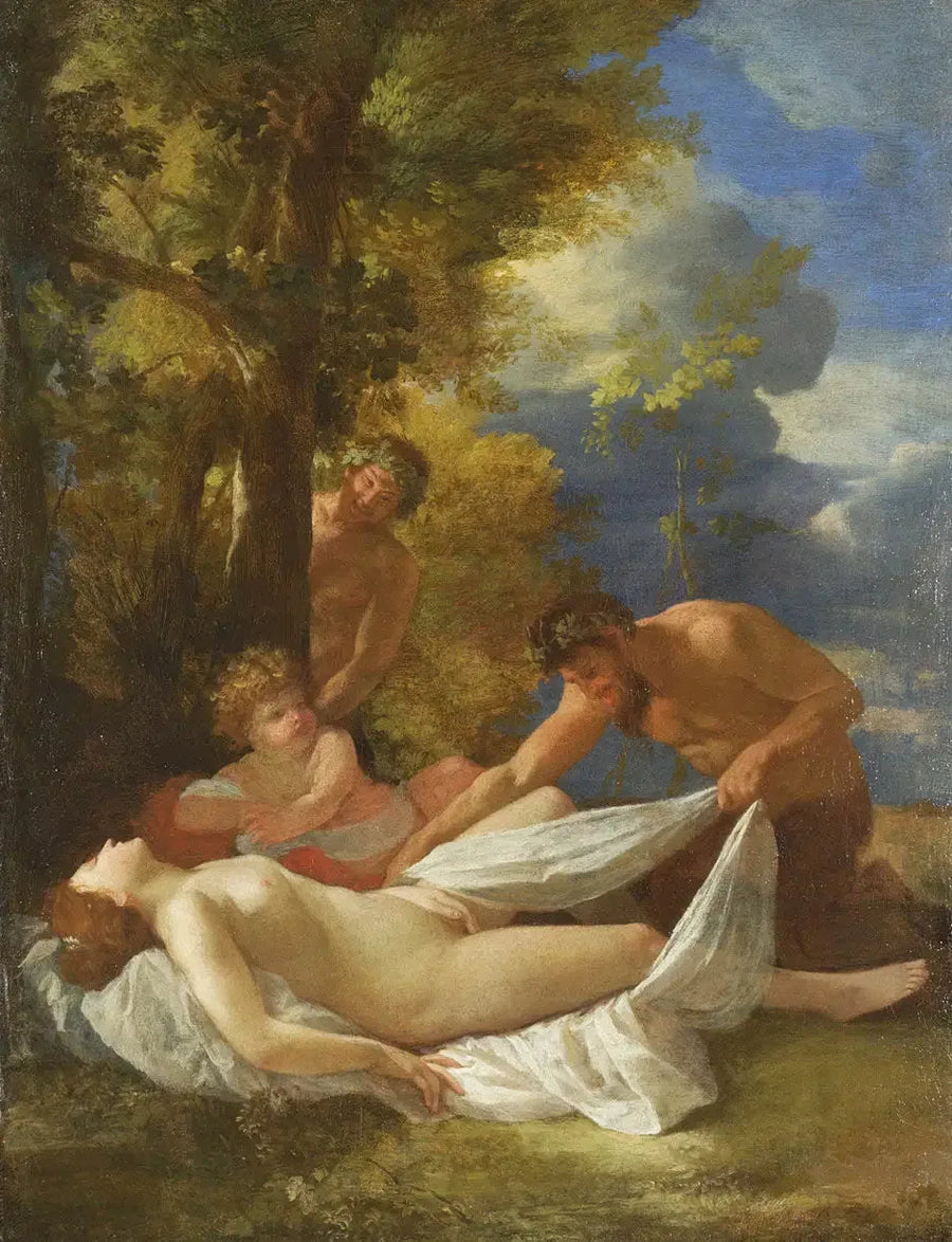Sovende nymfe overrasket av satyrer - Nicolas Poussin